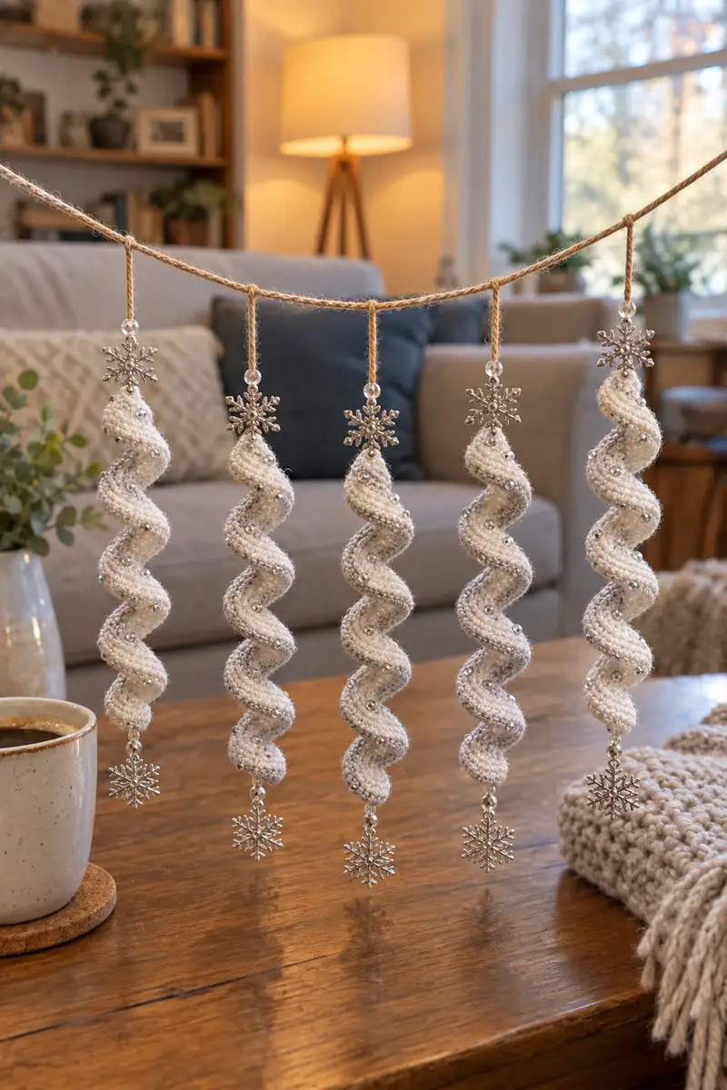 Sparkling Spiral Icicle Hanging Ornament Garland Pattern crochet pattern - detailed view of completed project