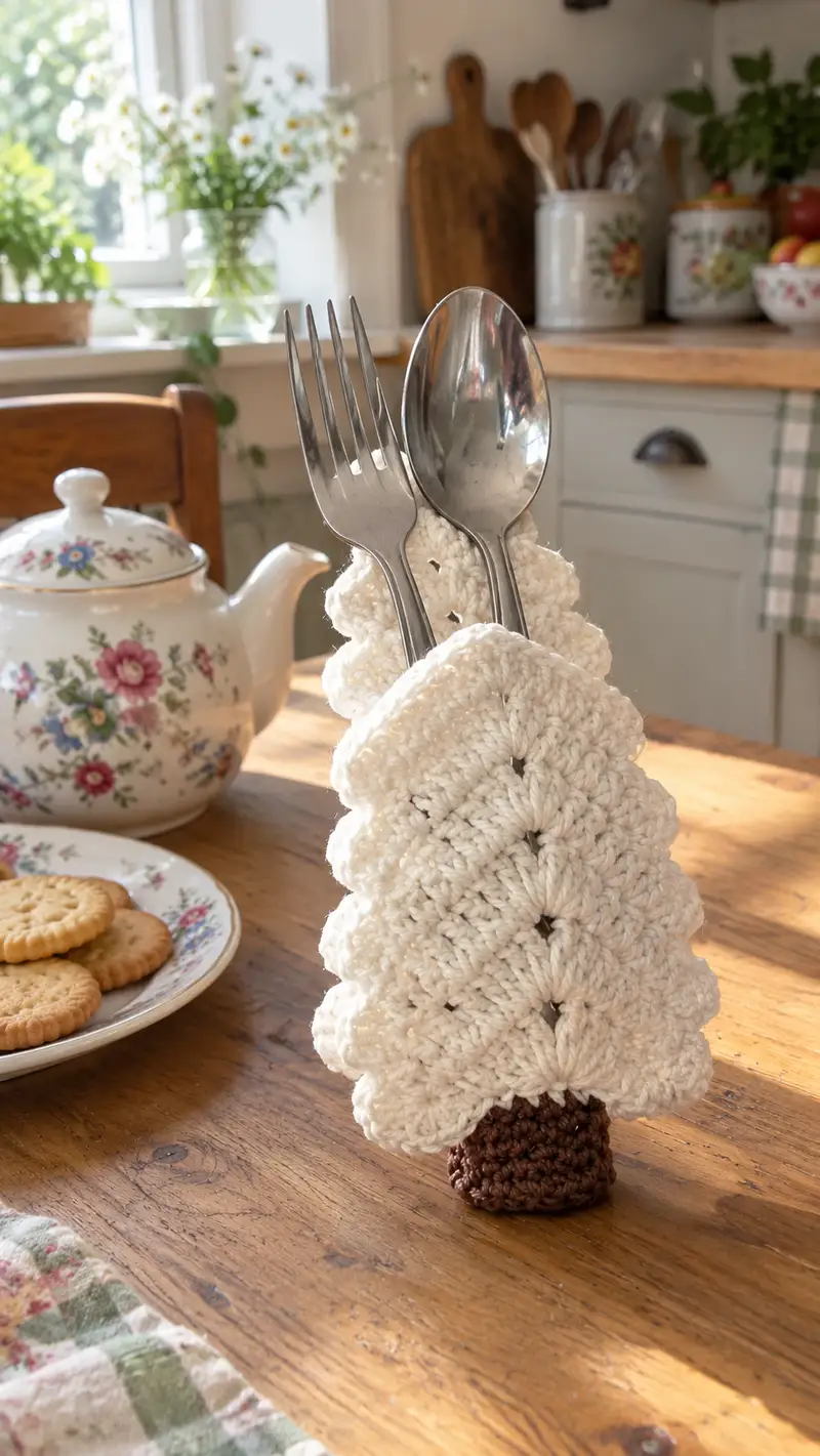 Scalloped Layered Tree Cutlery Holder Pattern crochet pattern - detailed view of completed project
