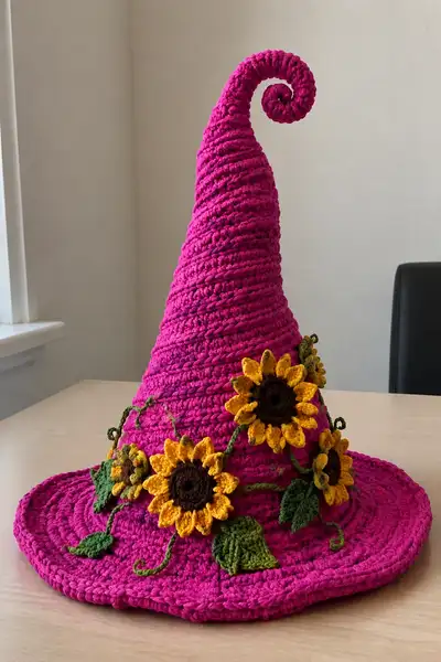 Big Tall Fuchsia Pink Spiral Witch Hat with Sunflowers and Vines Pattern step 1 - construction progress