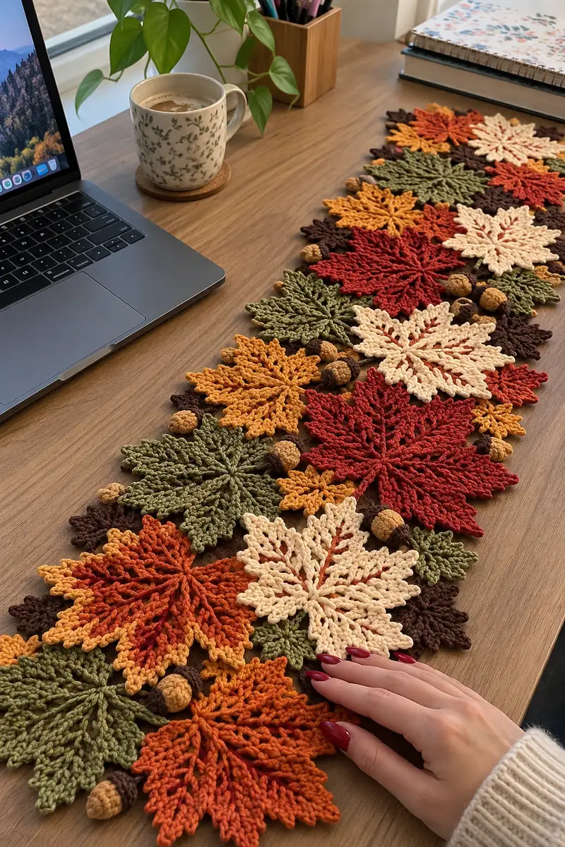 Autumn Leaves Table Runner Pattern crochet pattern - detailed view of completed project