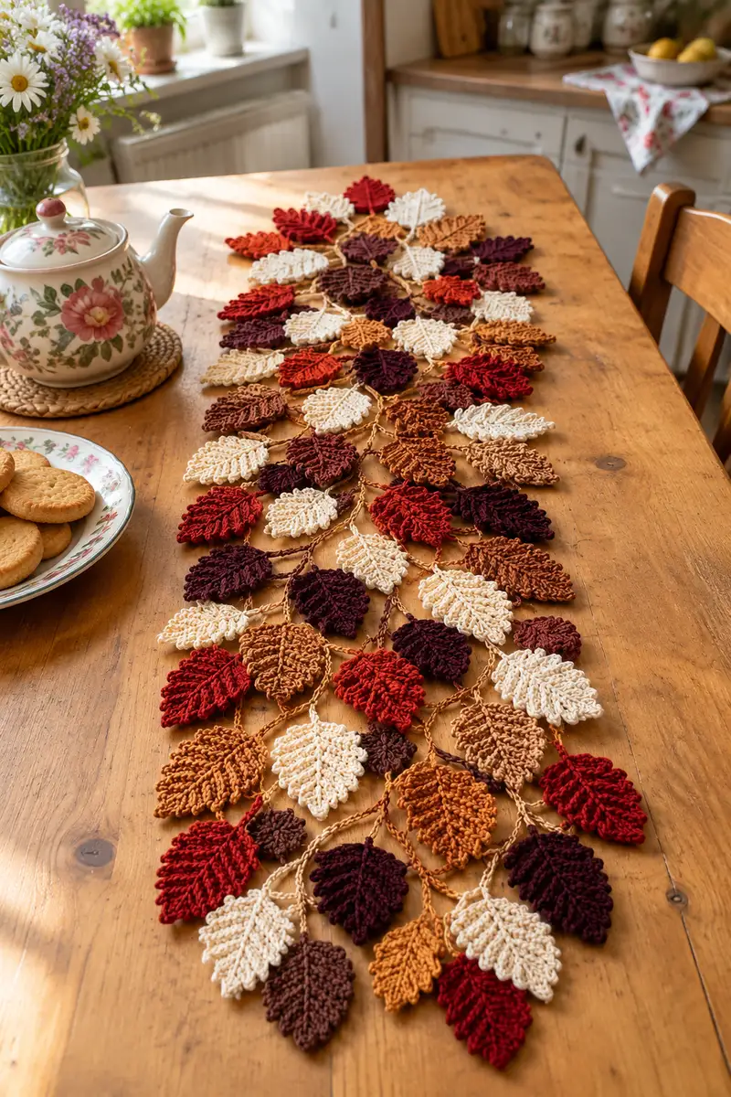 Autumn Leaf Table Runner Pattern crochet pattern - detailed view of completed project