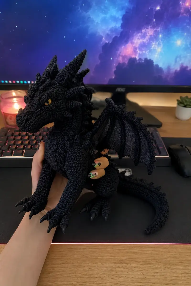 Big Shadow Black Demon Dragon Amigurumi Pattern crochet pattern - detailed view of completed project