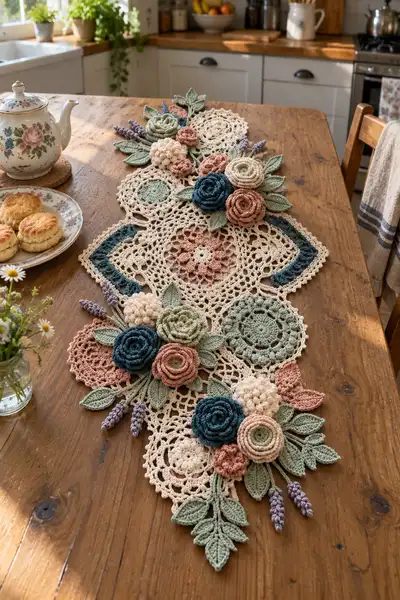 Vintage Floral Crochet Table Runner Pattern step 1 - construction progress