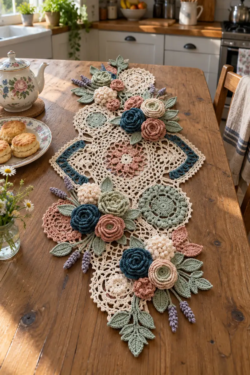 Vintage Floral Crochet Table Runner Pattern crochet pattern - detailed view of completed project