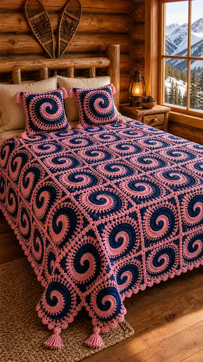 Bubblegum & Navy Spiral Granny Bedspread Pattern step 1 - construction progress