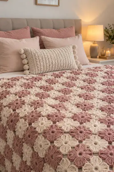 Dusty Rose Bedspread Pattern step 2 - assembly progress