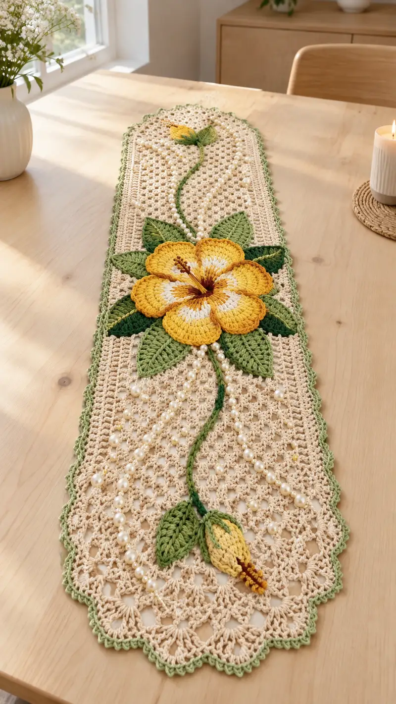 Sunshine Hibiscus Crochet Table Runner Pattern crochet pattern - detailed view of completed project