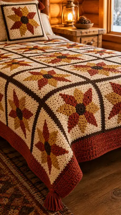 Rust & Mustard Star Granny Bedspread Pattern step 2 - assembly progress