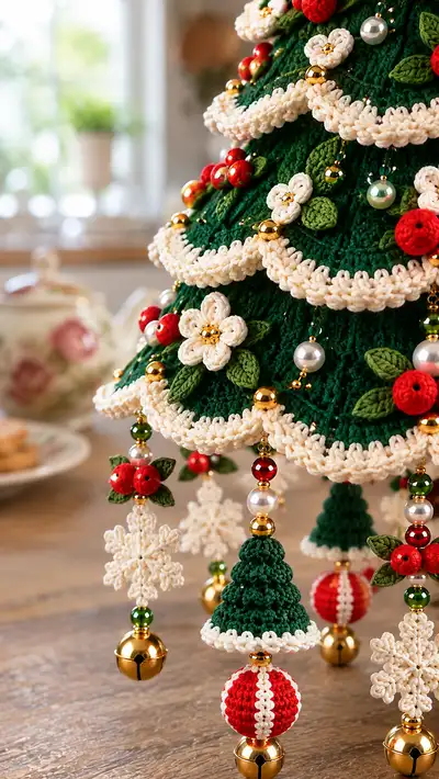 Festive Tiered Christmas Tree Ornament Pattern step 2 - assembly progress