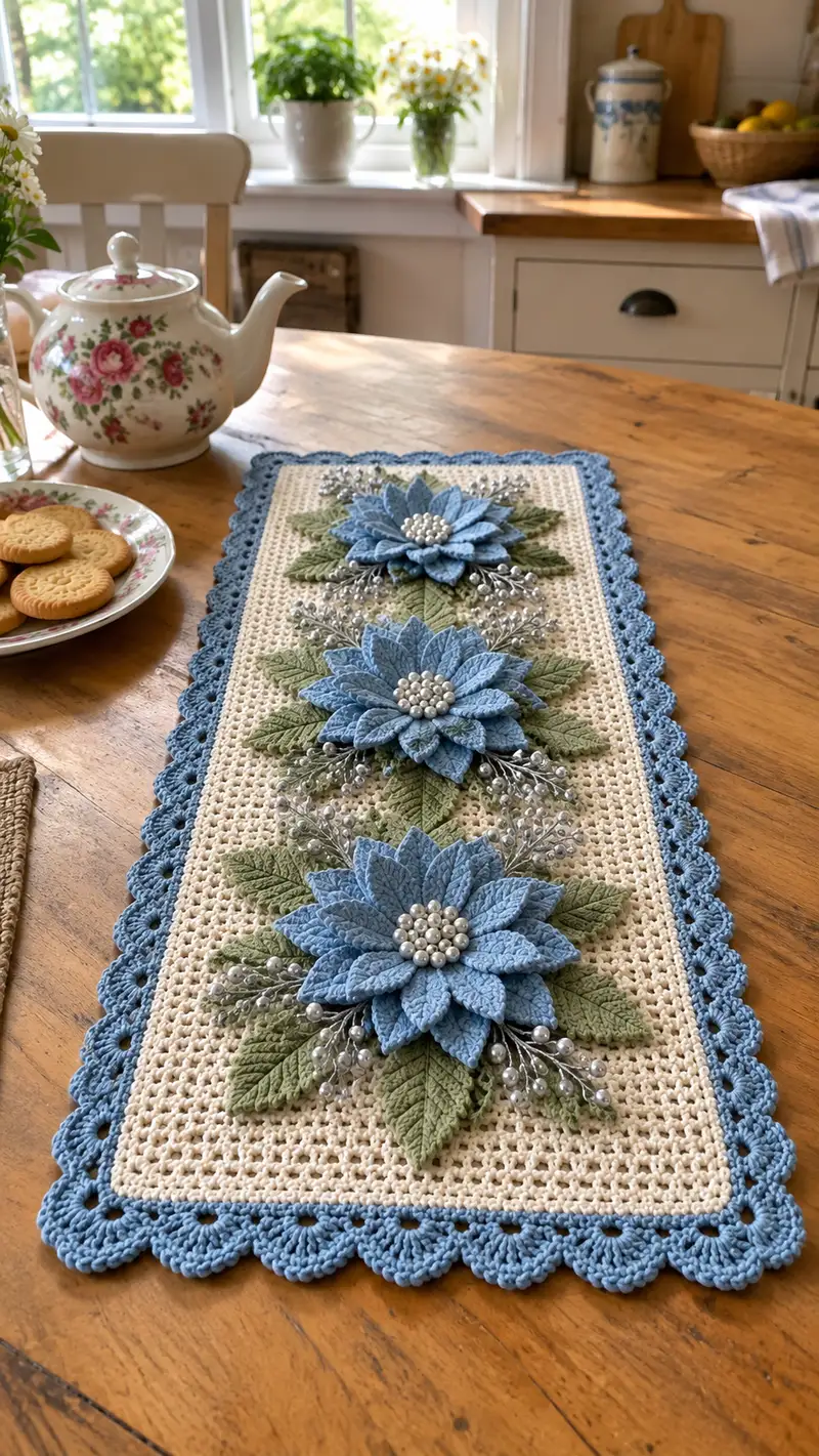 Elegant Blue Poinsettia Table Runner Pattern crochet pattern - detailed view of completed project