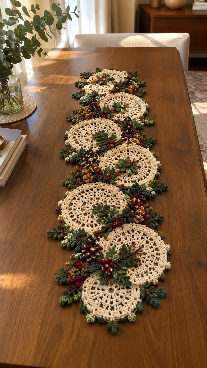 Cream And Forest Green Pinecone Motif Table Runner Pattern crochet pattern - detailed view of completed project