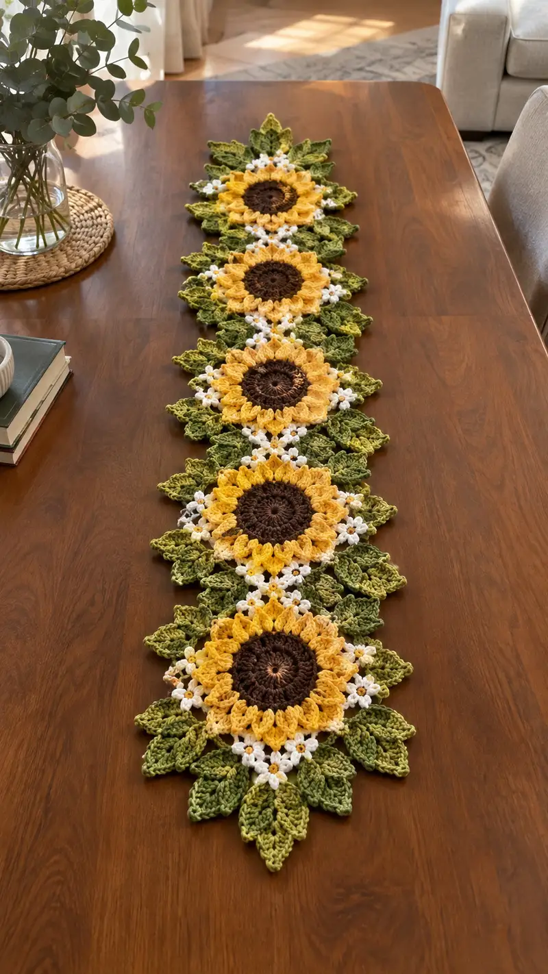 Sunflower Table Runner Pattern crochet pattern - detailed view of completed project