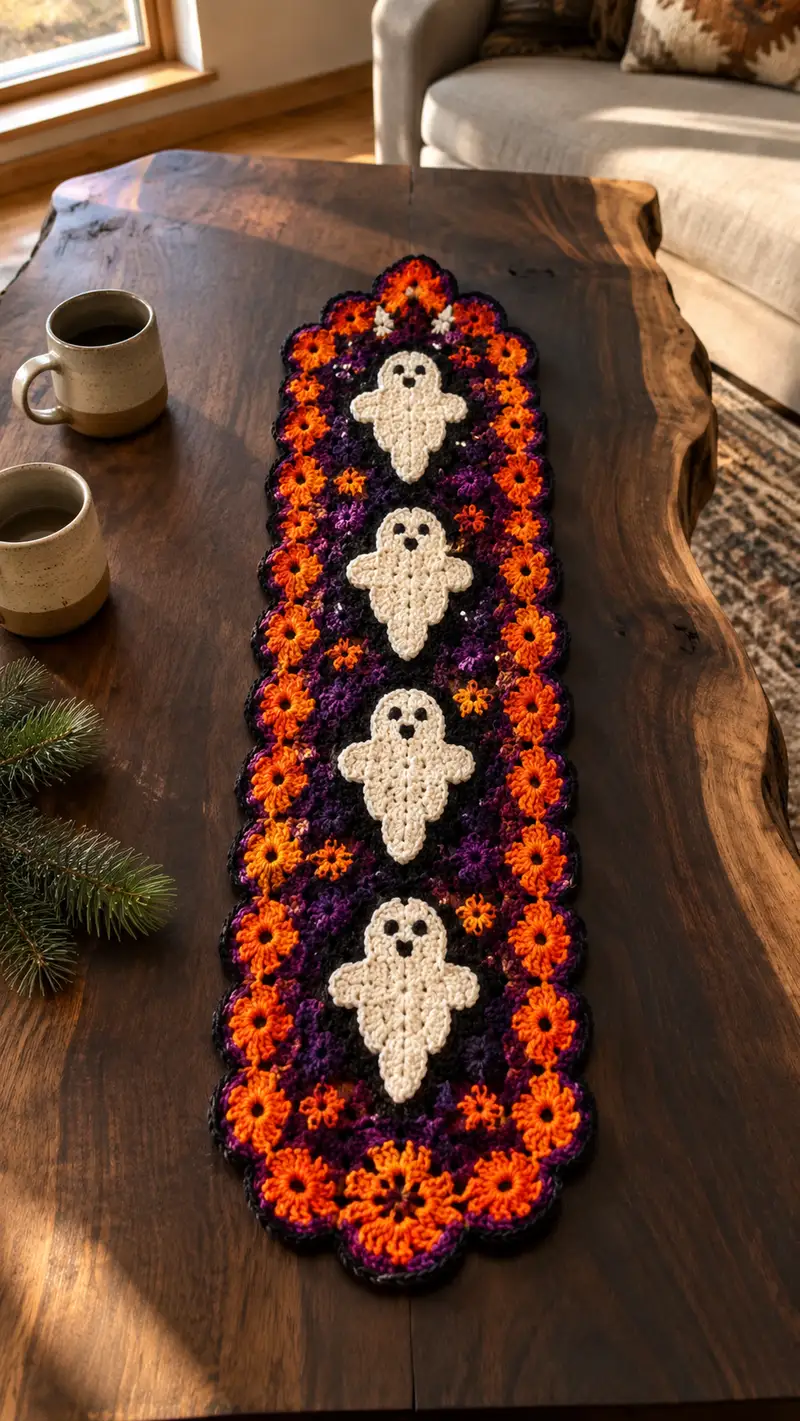 Halloween Ghost Table Runner Pattern crochet pattern - detailed view of completed project