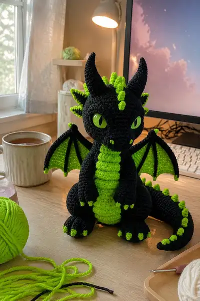 Spooky Neon Green Dragon Amigurumi Pattern step 1 - construction progress