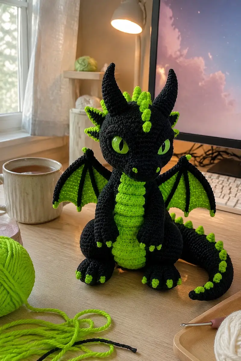 Spooky Neon Green Dragon Amigurumi Pattern crochet pattern - detailed view of completed project