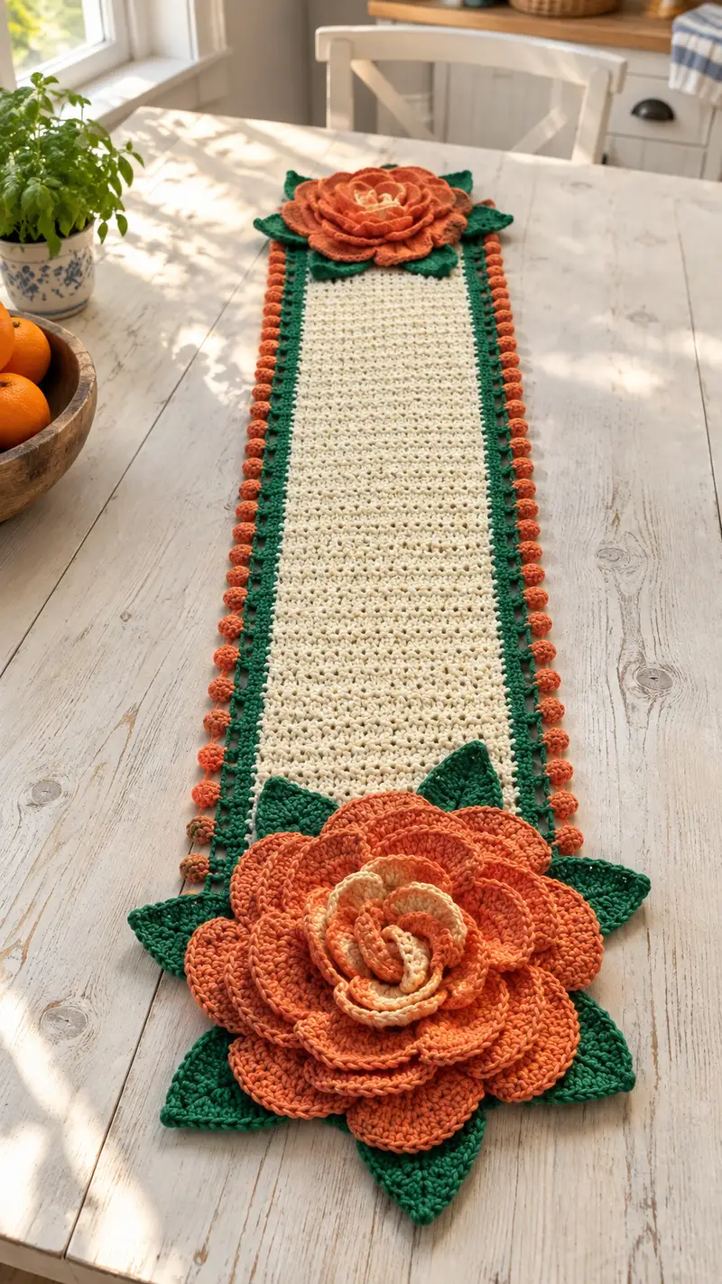 Rustic Rose Table Runner Pattern crochet pattern - detailed view of completed project