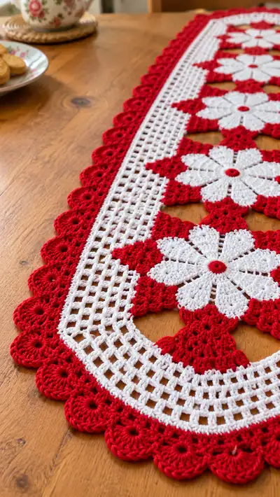 Red and White Floral Table Runner Pattern step 2 - assembly progress