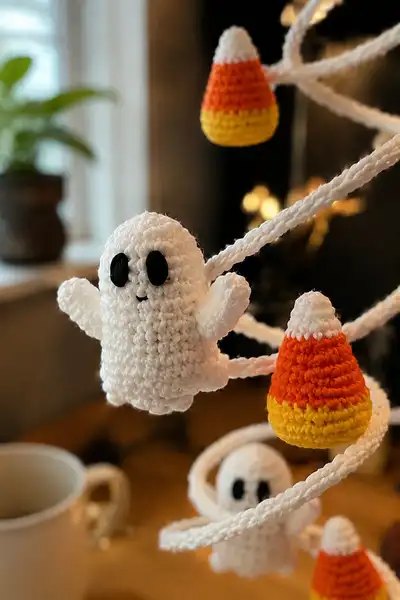 White Ghost Spiral Halloween Garland Amigurumi Pattern step 2 - assembly progress
