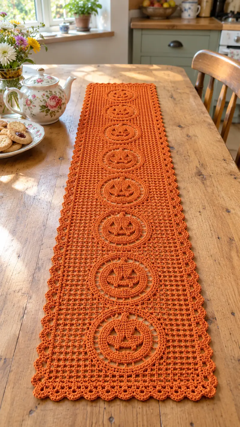 Pumpkin Parade Table Runner Pattern crochet pattern - detailed view of completed project