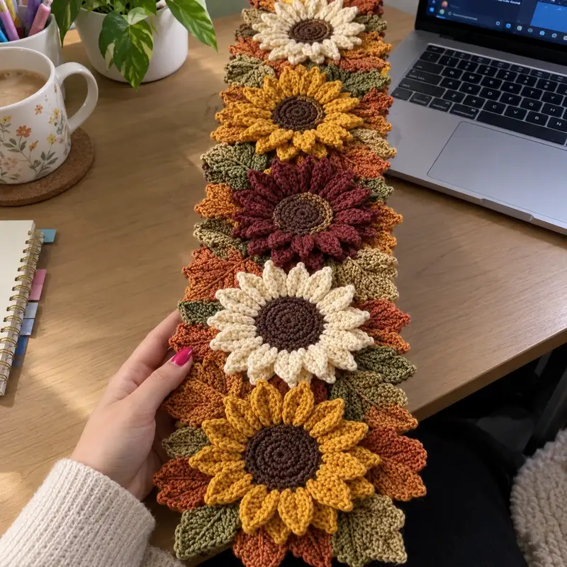 Autumn Sunflower Table Runner Pattern crochet pattern - detailed view of completed project