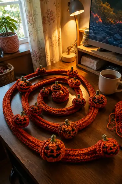 Orange Spiral Halloween Garland with Grinning Pumpkins Pattern step 1 - construction progress