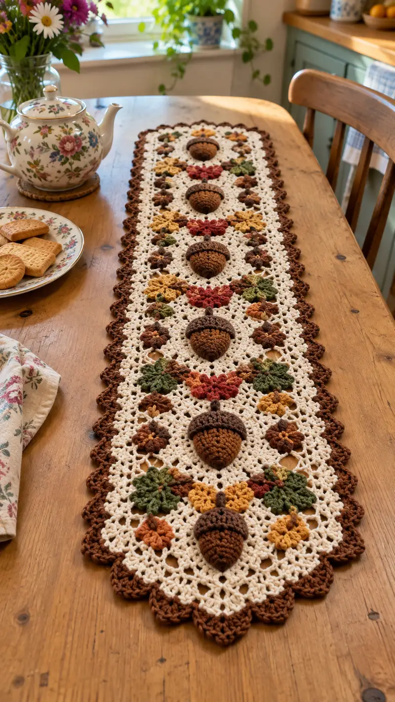 Autumn Acorn Table Runner Pattern crochet pattern - detailed view of completed project