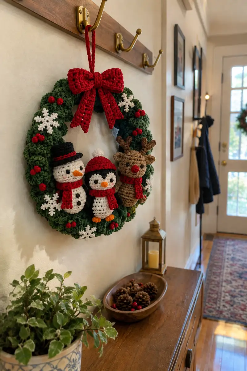 Christmas Amigurumi Wreath with Snowman Penguin and Reindeer Amigurumi Pattern crochet pattern - detailed view of completed project