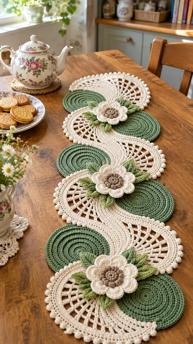 Vintage Floral Table Runner Pattern crochet pattern - detailed view of completed project