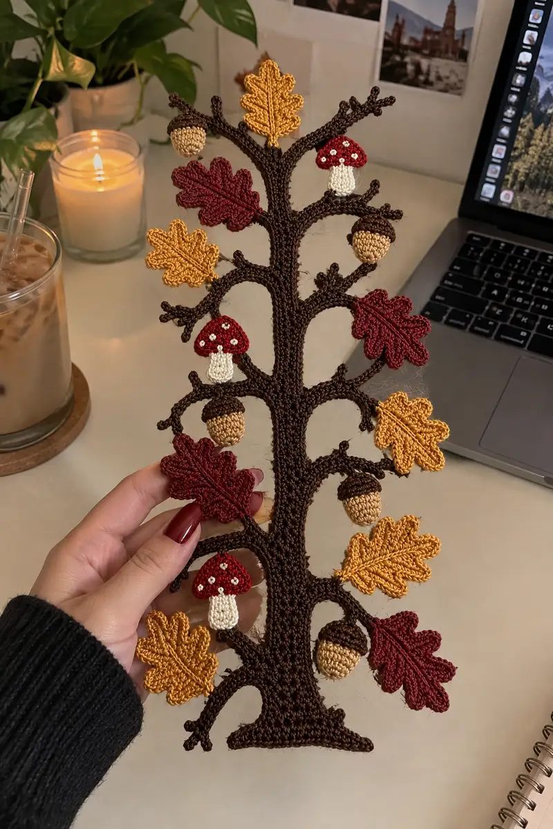 Oak Leaf and Acorn Tree Autumn Table Runner Pattern crochet pattern - detailed view of completed project