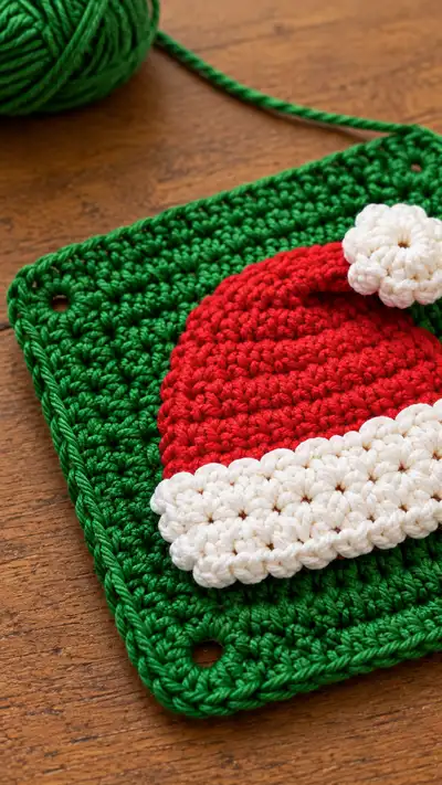 Santa Hat Granny Square Pattern step 2 - assembly progress