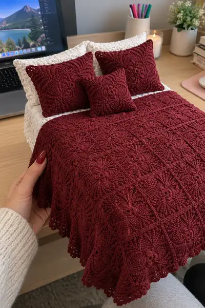 Deep Burgundy Floral Square Bedspread Pattern step 1 - construction progress