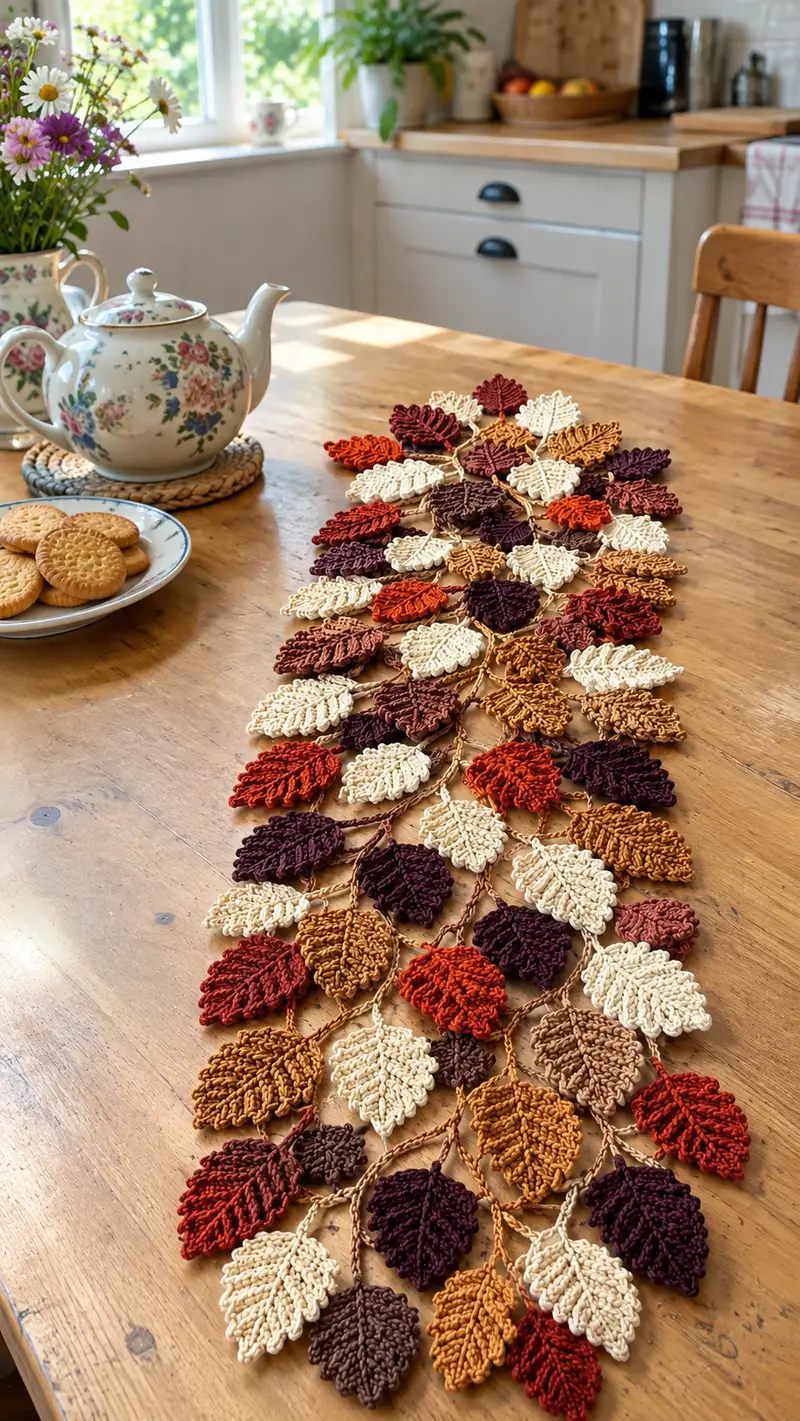 Autumn Leaves Table Runner Pattern crochet pattern - detailed view of completed project
