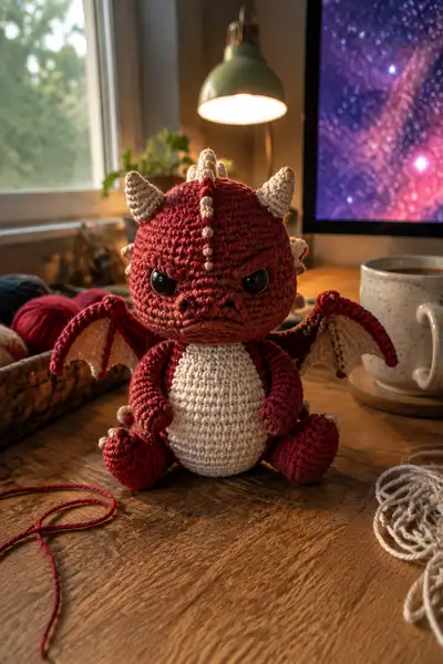 Small Scowling Devil Dragon with Stubby Wings Amigurumi Pattern step 1 - construction progress