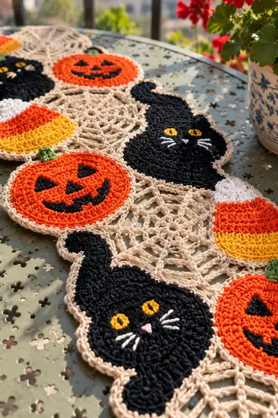 Candy Corn and Black Cat Halloween Table Runner Pattern step 2 - assembly progress