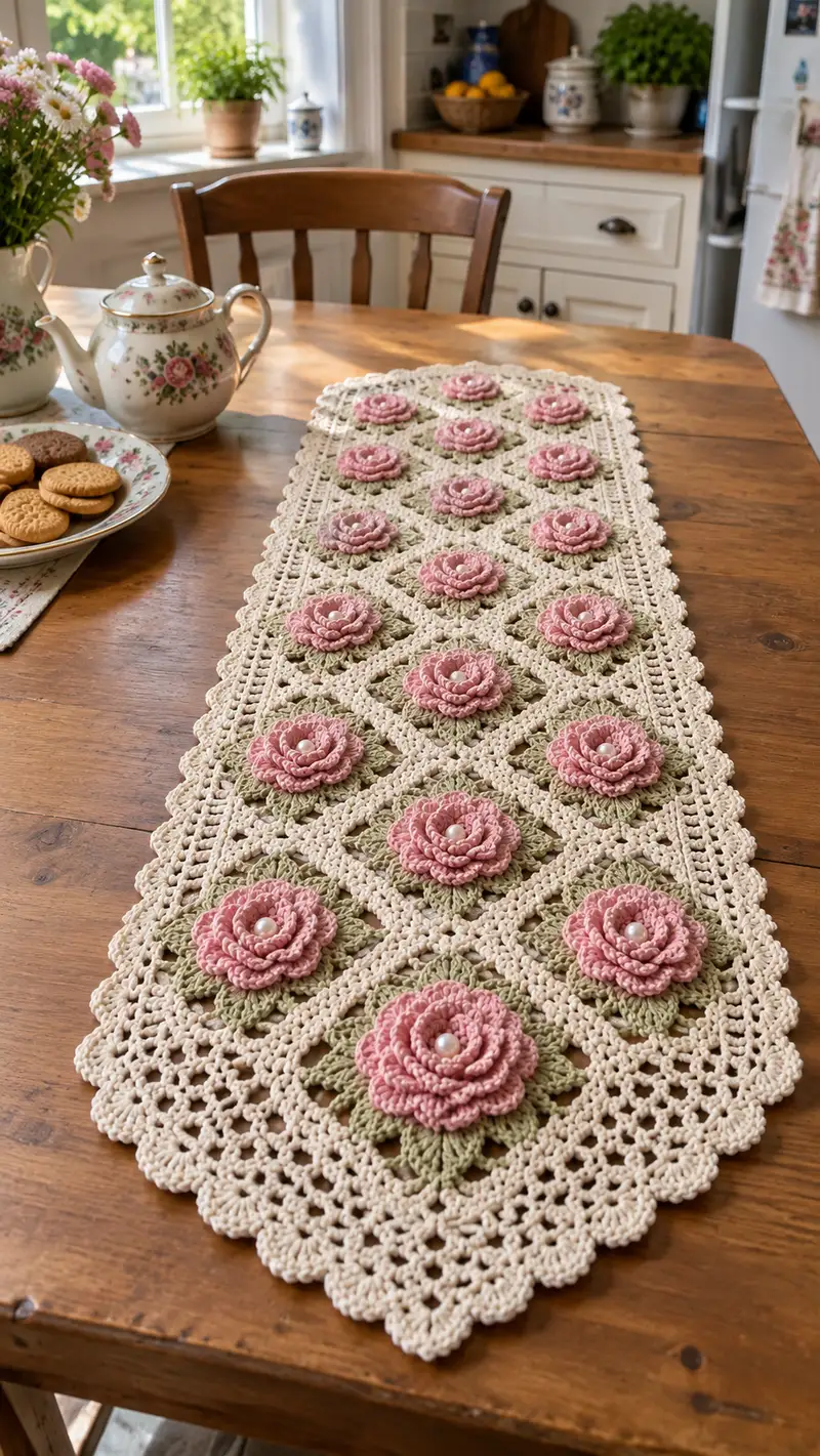 Vintage Rose Diamond Table Runner Pattern crochet pattern - detailed view of completed project
