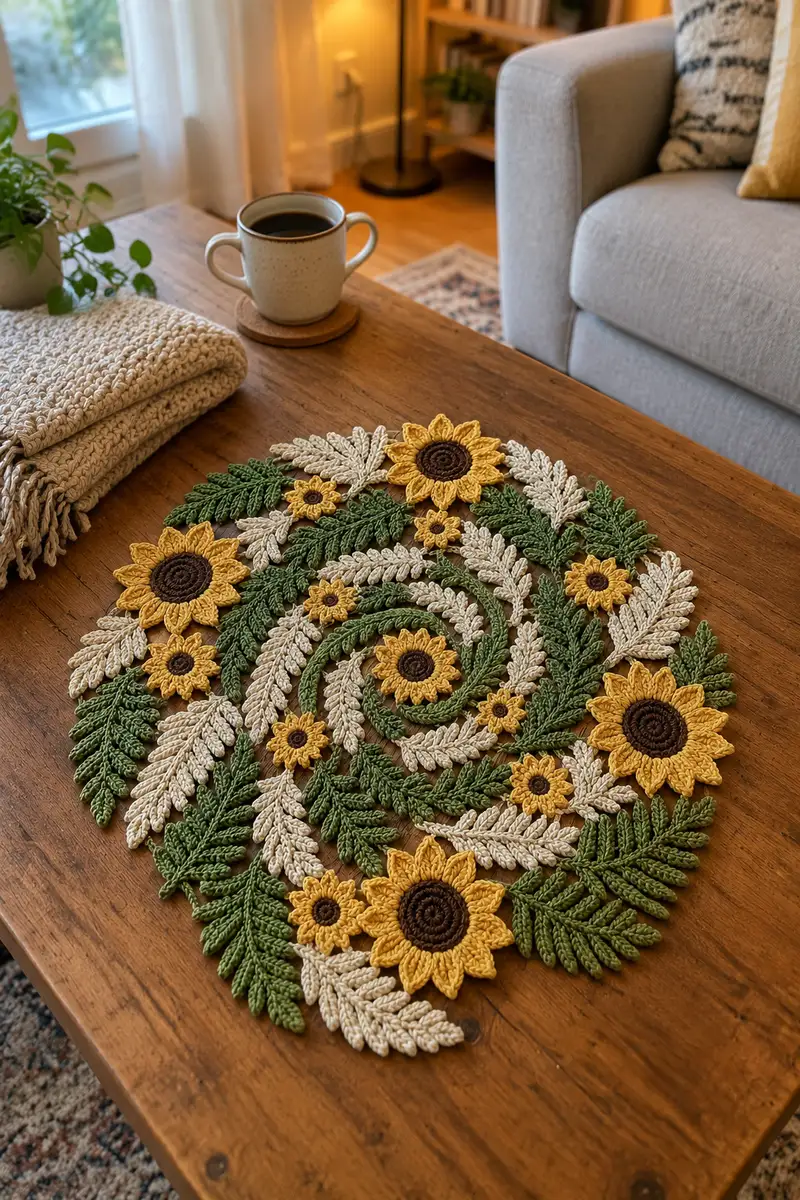 Free crochet pattern: Spiral Sunflower Swirl Table Centerpiece Pattern - Intermediate level tutorial