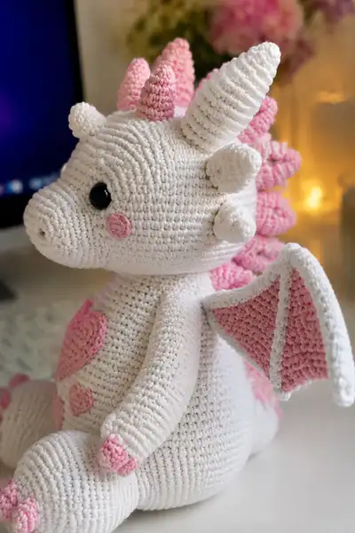 Big White Love Dragon with Pink Hearts Amigurumi Pattern step 2 - assembly progress