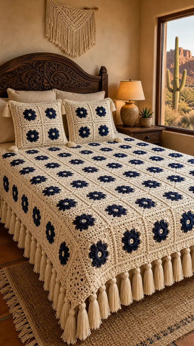 Midnight Navy Flower Granny Bedspread Pattern crochet pattern - detailed view of completed project