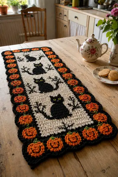 Black Cat Halloween Table Runner Pattern step 1 - construction progress