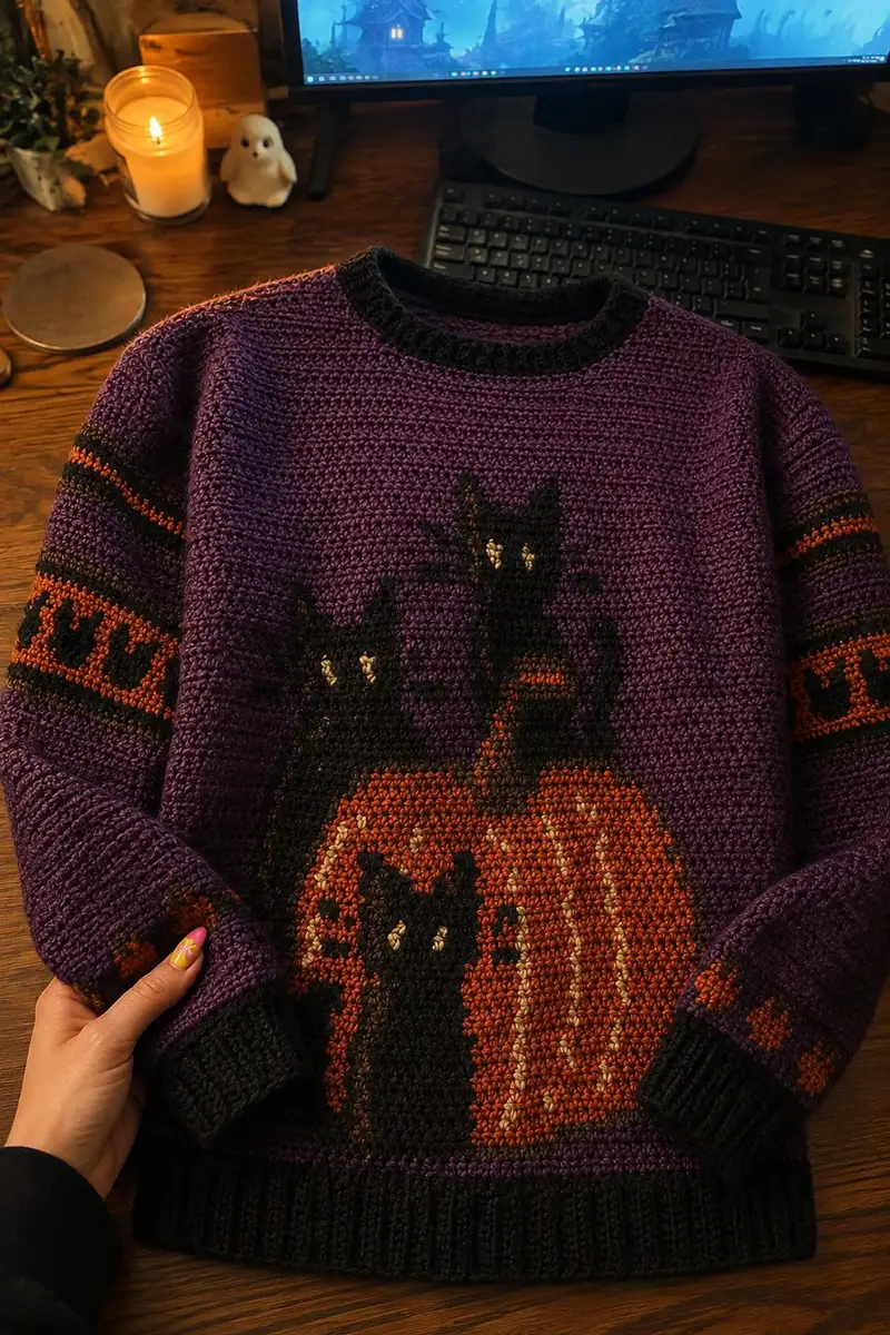 Free crochet pattern: Spooky Cats and Pumpkin Cozy Sweater Pattern - Intermediate level tutorial