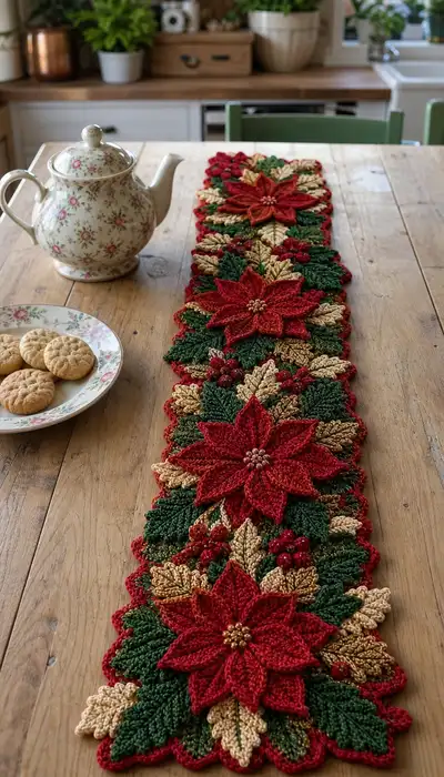Festive Poinsettia Table Runner Pattern step 1 - construction progress