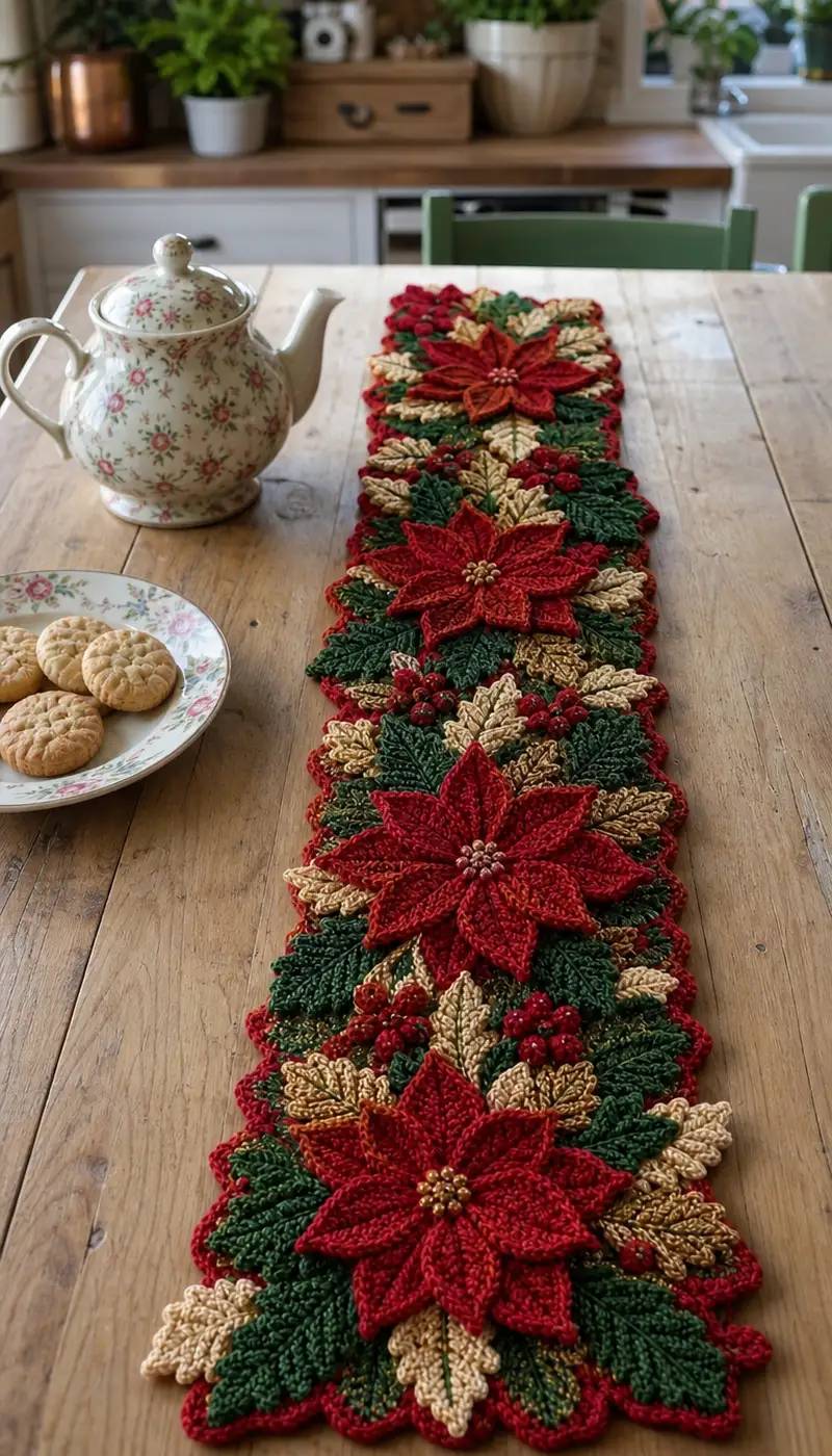 Free crochet pattern: Festive Poinsettia Table Runner Pattern - Advanced level tutorial