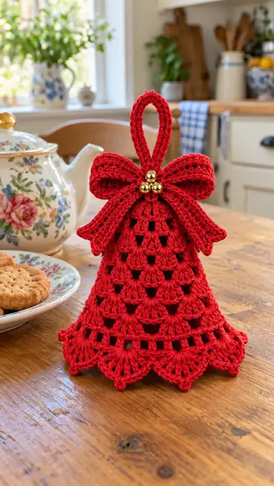 Festive Red Crochet Bell Ornament Pattern step 1 - construction progress