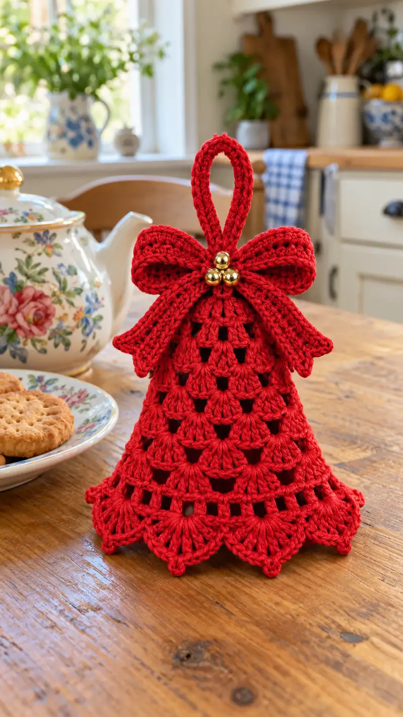 Festive Red Crochet Bell Ornament Pattern crochet pattern - detailed view of completed project