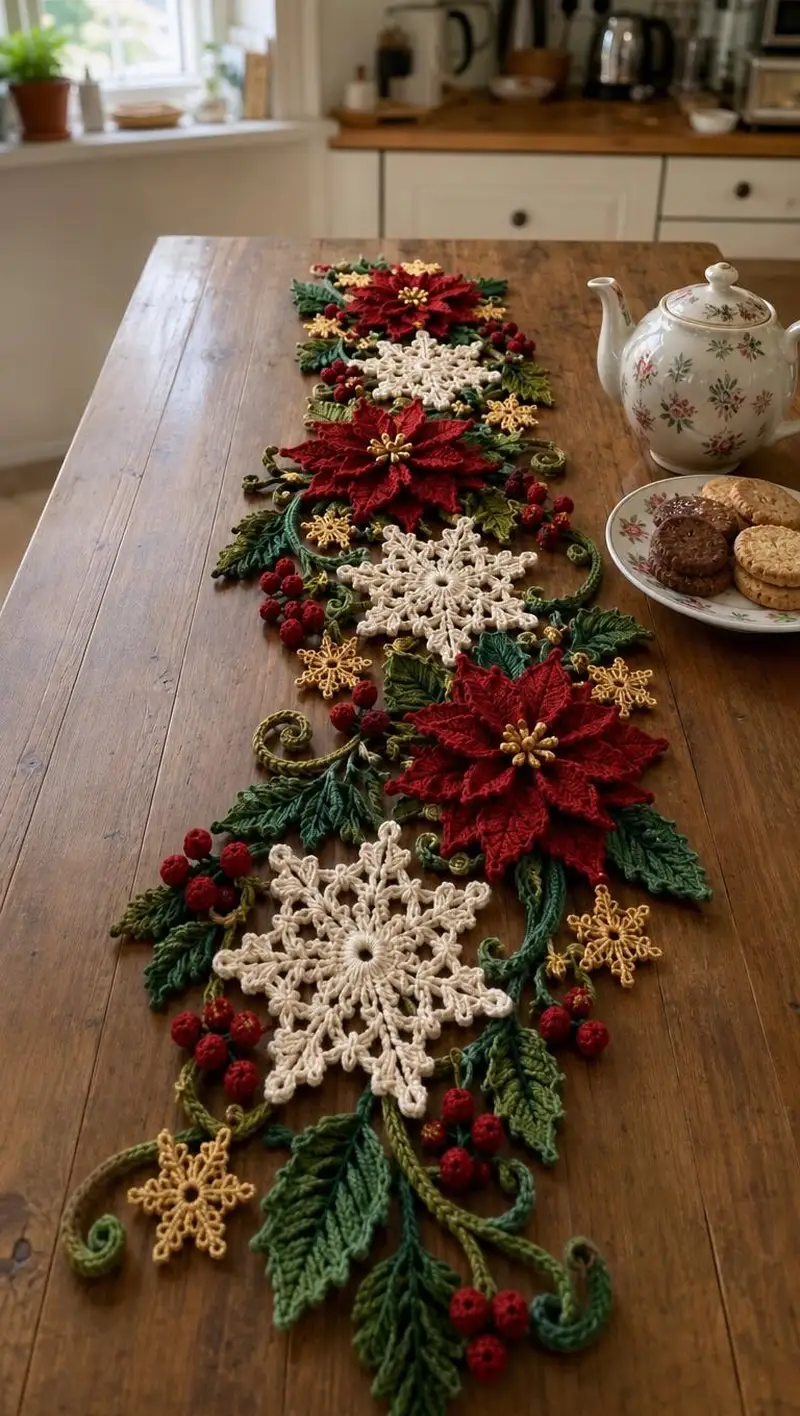 Festive Poinsettia & Snowflake Table Runner Pattern crochet pattern - detailed view of completed project