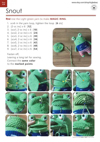 Minimal Frog Amigurumi Pattern step 4 - final assembly and finishing