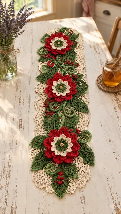 Victorian Poinsettia Table Runner Pattern step 1 - construction progress