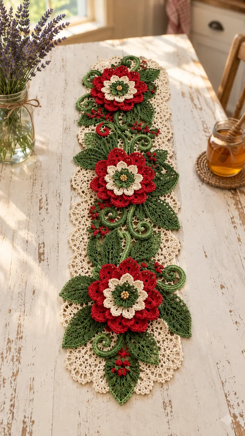 Victorian Poinsettia Table Runner Pattern crochet pattern - detailed view of completed project