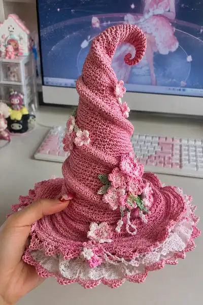 Big Tall Rose Pink Spiral Witch Hat with Cherry Blossoms and Lace Trim Pattern step 1 - construction progress