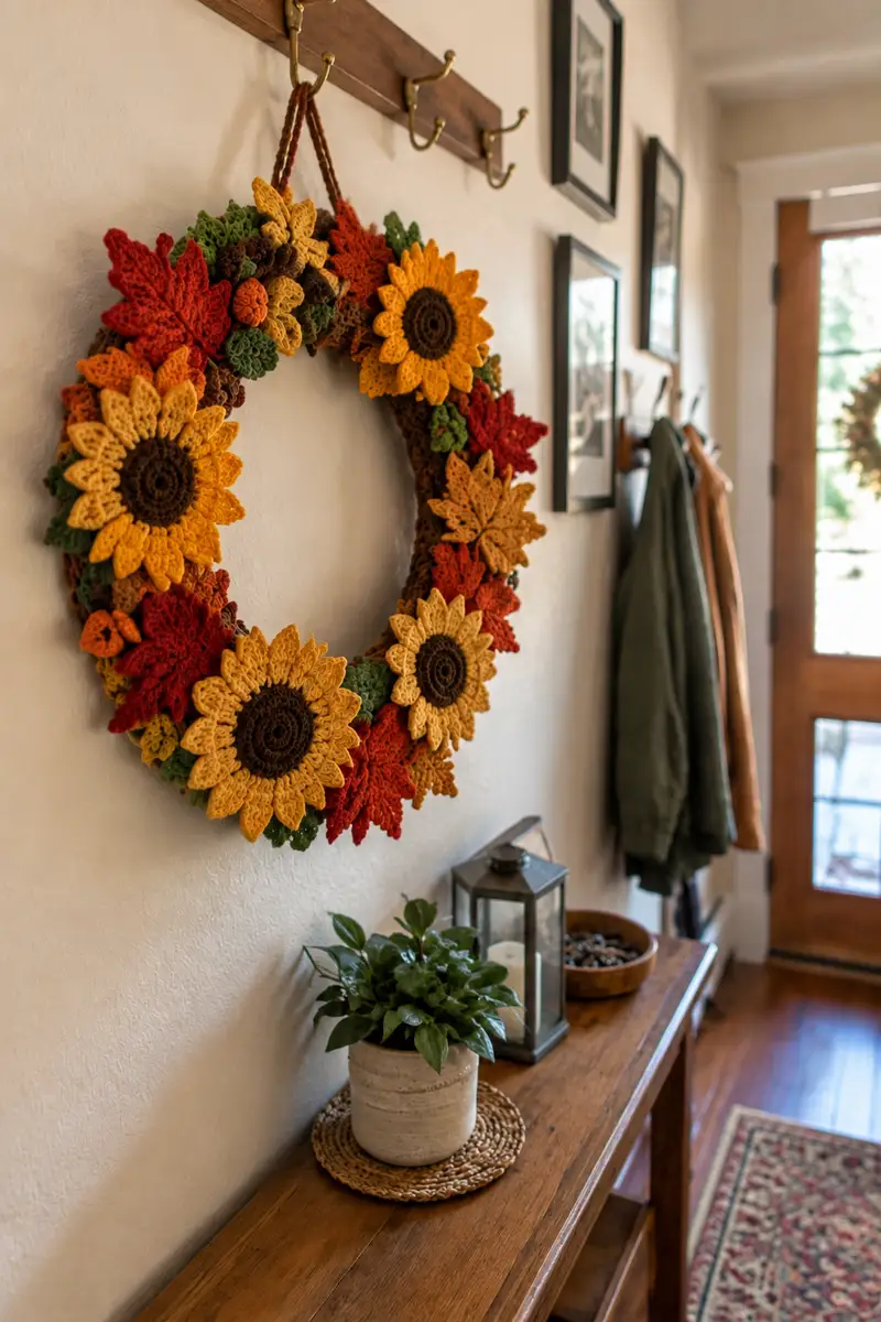Autumn Harvest Wreath with Sunflowers and Maple Leaves Pattern crochet pattern - detailed view of completed project